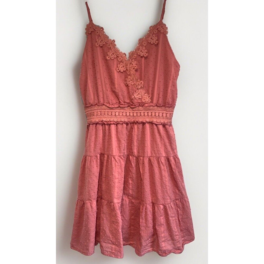 Mine Ruffle Swiss Dot Dress Women Size‎ S Salmon Pink Short Fairy Lined Strappy